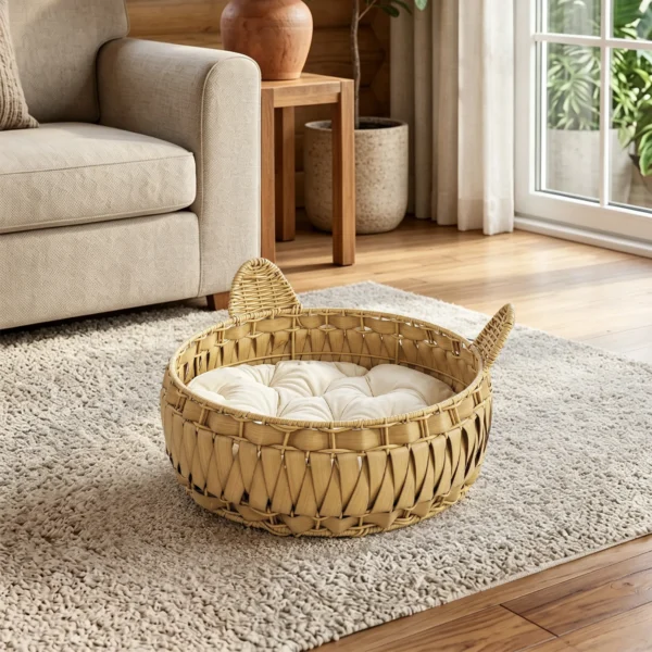 Rieten Kattenbed Met Afneembaar Kussen, Kattenmand Voor Katten Tot 10 Kg, 50 X 50 X 25 Cm, Lichtbruin