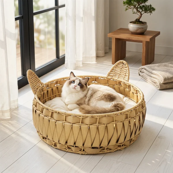 Rieten Kattenbed Met Afneembaar Kussen, Kattenmand Voor Katten Tot 10 Kg, 50 X 50 X 25 Cm, Lichtbruin