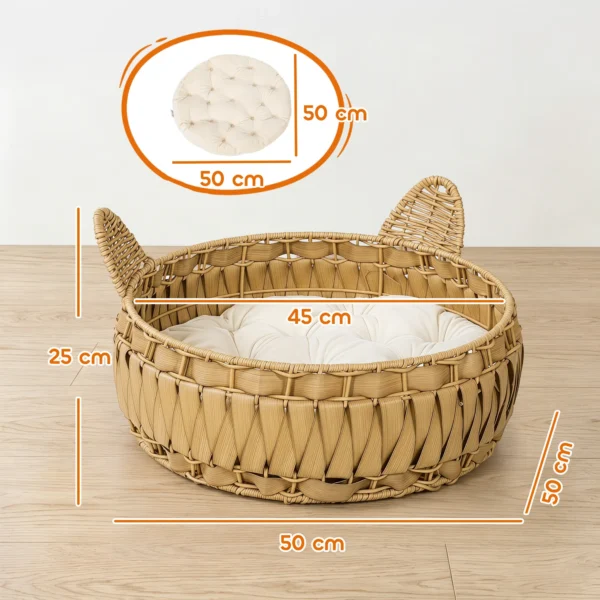 Rieten Kattenbed Met Afneembaar Kussen, Kattenmand Voor Katten Tot 10 Kg, 50 X 50 X 25 Cm, Lichtbruin