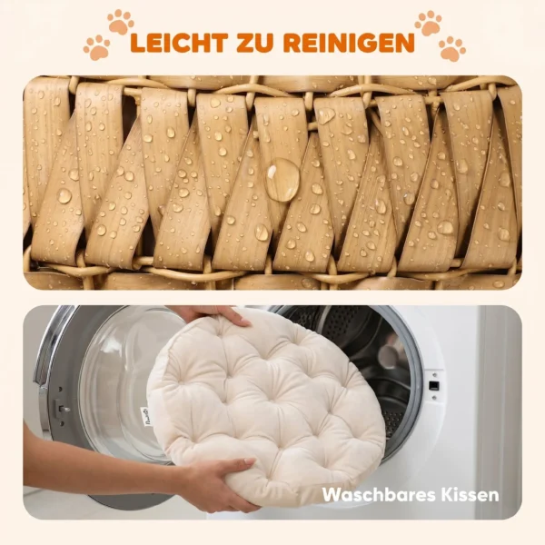 Rieten Kattenbed Met Afneembaar Kussen, Kattenmand Voor Katten Tot 10 Kg, 50 X 50 X 25 Cm, Lichtbruin