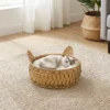 Rieten Kattenbed Met Afneembaar Kussen, Kattenmand Voor Katten Tot 10 Kg, 50 X 50 X 25 Cm, Lichtbruin