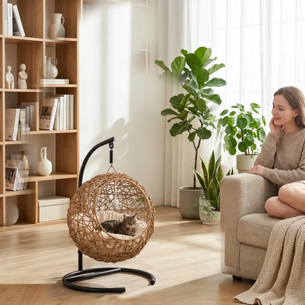 Rieten Kattenbed Met Wasbaar Kussen En Speelbal, Voor Katten Tot 10 Kg, 45 X 41 X 75 Cm, Lichtbruin