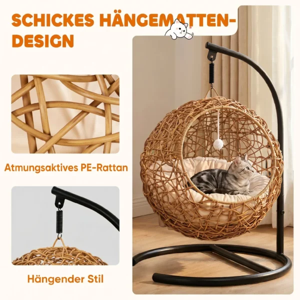 Rieten Kattenbed Met Wasbaar Kussen En Speelbal, Voor Katten Tot 10 Kg, 45 X 41 X 75 Cm, Lichtbruin