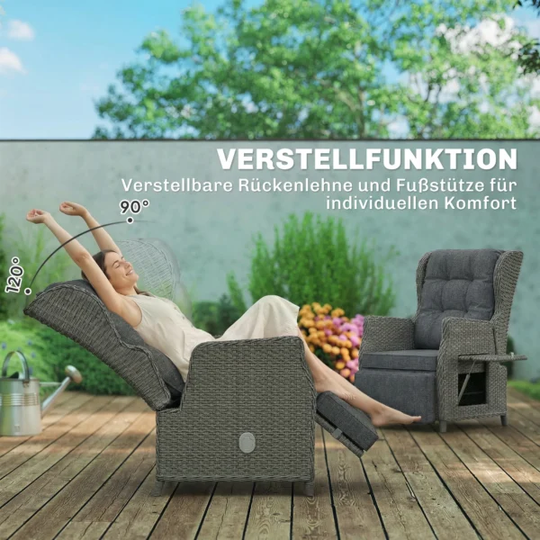 Rieten Stoel Met Klaptafel, Ligstoel Tuinstoel Verstelbare Rugleuning En Voetensteun 81 X 58 X 98,5 Cm Donkergrijs
