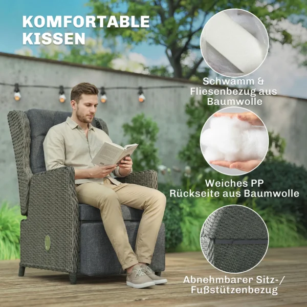 Rieten Stoel Met Klaptafel, Ligstoel Tuinstoel Verstelbare Rugleuning En Voetensteun 81 X 58 X 98,5 Cm Donkergrijs
