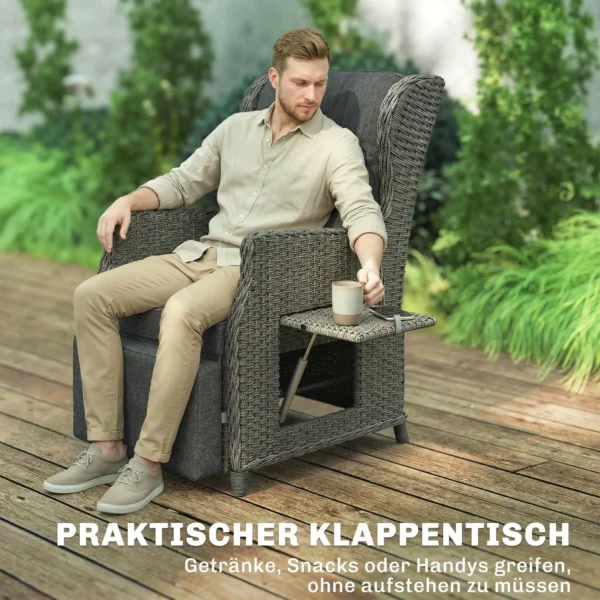 Rieten Stoel Met Klaptafel, Ligstoel Tuinstoel Verstelbare Rugleuning En Voetensteun 81 X 58 X 98,5 Cm Donkergrijs