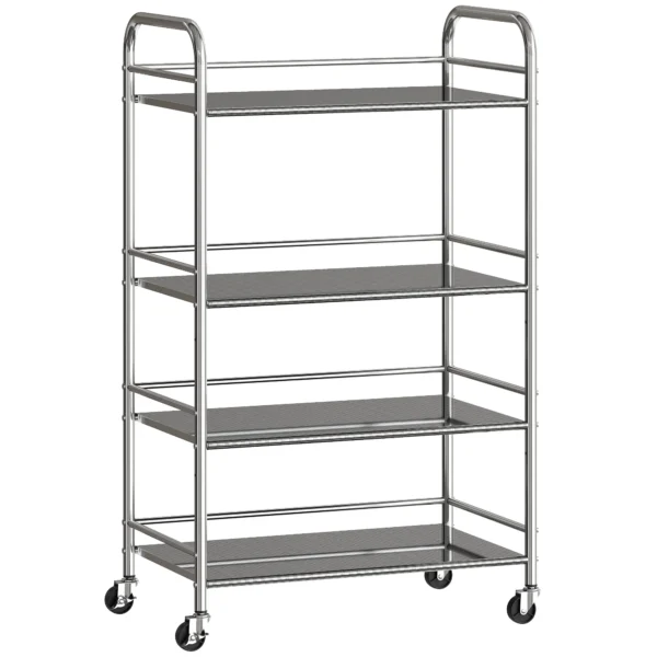 Rolwagen, Keukenwagen Met 4 Niveaus, Verstelbare Planken En Handvatten, Voor Woonkamer Keuken, Zilver, 60 X 35 X 100 Cm