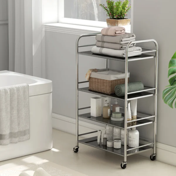 Rolwagen, Keukenwagen Met 4 Niveaus, Verstelbare Planken En Handvatten, Voor Woonkamer Keuken, Zilver, 60 X 35 X 100 Cm