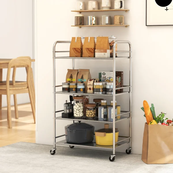 Rolwagen, Keukenwagen Met 4 Niveaus, Verstelbare Planken En Handvatten, Voor Woonkamer Keuken, Zilver, 60 X 35 X 100 Cm