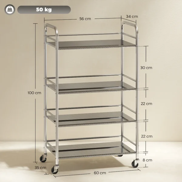 Rolwagen, Keukenwagen Met 4 Niveaus, Verstelbare Planken En Handvatten, Voor Woonkamer Keuken, Zilver, 60 X 35 X 100 Cm