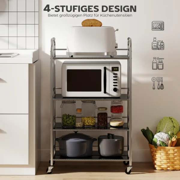 Rolwagen, Keukenwagen Met 4 Niveaus, Verstelbare Planken En Handvatten, Voor Woonkamer Keuken, Zilver, 60 X 35 X 100 Cm