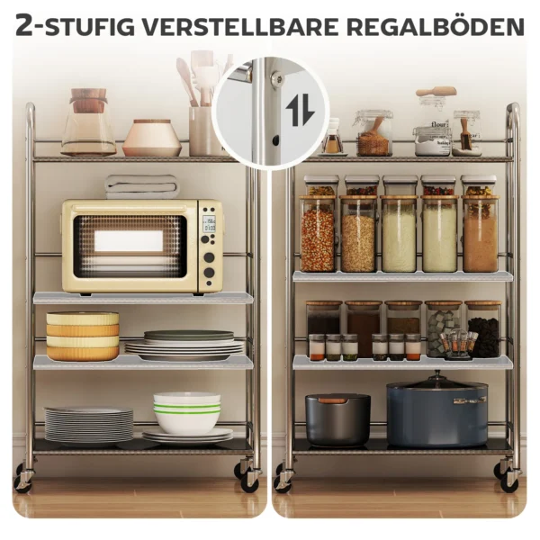 Rolwagen, Keukenwagen Met 4 Niveaus, Verstelbare Planken En Handvatten, Voor Woonkamer Keuken, Zilver, 60 X 35 X 100 Cm