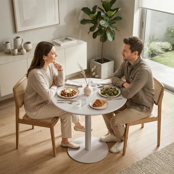 Ronde Keukentafel Voor 2 Personen Met Stalen Frame, Ruimtebesparend, 60 X 60 X 72 Cm, Beige