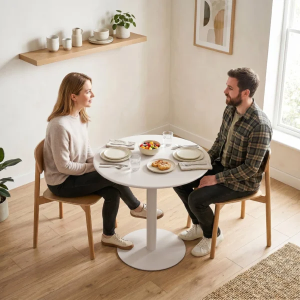 Ronde Keukentafel Voor 2 Personen Met Stalen Frame, Ruimtebesparend, 60 X 60 X 72 Cm, Beige
