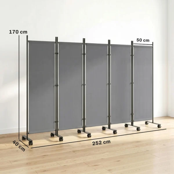 Ruimteverdeler 5 delig 252 X 40 Cm Vrijstaande Paravent Met 12 Rollen Opvouwbare Scheidingswand DIY Donkergrijs