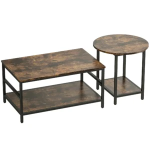 Salontafelset, 2 delig, Rechthoekige En Ronde Tafel Met 2 laags Opbergruimte, Voor Woonkamer, Rustiek Bruin