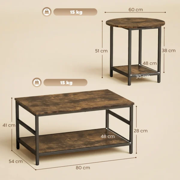 Salontafelset, 2 delig, Rechthoekige En Ronde Tafel Met 2 laags Opbergruimte, Voor Woonkamer, Rustiek Bruin