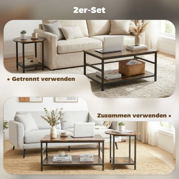 Salontafelset, 2 delig, Rechthoekige En Ronde Tafel Met 2 laags Opbergruimte, Voor Woonkamer, Rustiek Bruin