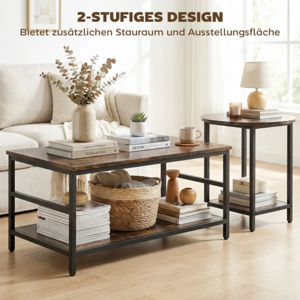 Salontafelset, 2 delig, Rechthoekige En Ronde Tafel Met 2 laags Opbergruimte, Voor Woonkamer, Rustiek Bruin