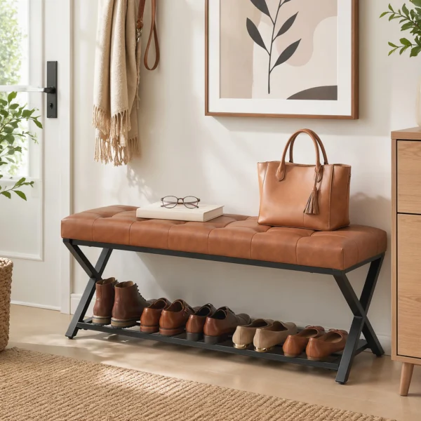 Schoenenbank, Entreebank Met Kunstleren Bekleding, Opslag Tot 220 Kg Voor Hal, Entree, 112 X 37 X 47 Cm, Bruin