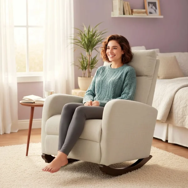 Schommelstoel, Gestoffeerde Schommelstoel Met Corduroy Stof, Zijzakken Voor Woonkamer, Slaapkamer, Beige