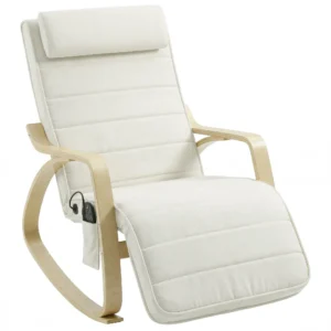 Schommelstoel Met Massage, Verwarming, Hoofdsteun & Voetensteun, Fluweelbekleding, Relaxfauteuil, Crèmewit