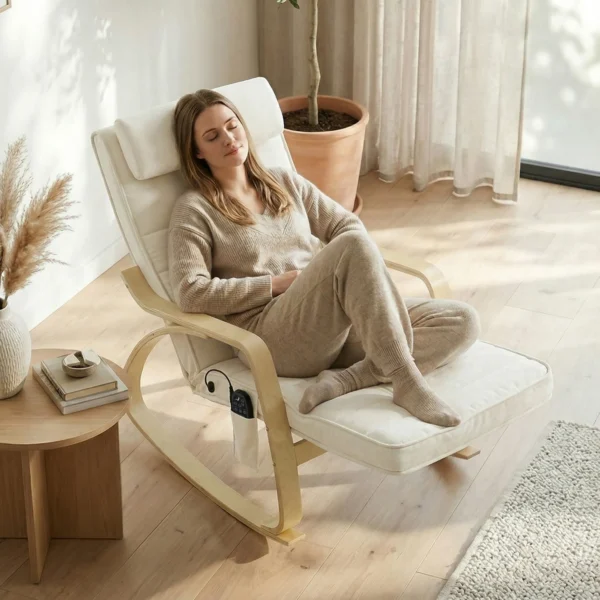 Schommelstoel Met Massage, Verwarming, Hoofdsteun & Voetensteun, Fluweelbekleding, Relaxfauteuil, Crèmewit
