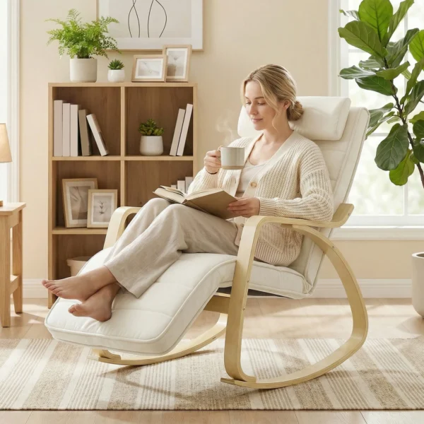 Schommelstoel Met Massage, Verwarming, Hoofdsteun & Voetensteun, Fluweelbekleding, Relaxfauteuil, Crèmewit