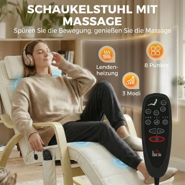 Schommelstoel Met Massage, Verwarming, Hoofdsteun & Voetensteun, Fluweelbekleding, Relaxfauteuil, Crèmewit