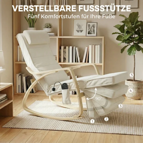 Schommelstoel Met Massage, Verwarming, Hoofdsteun & Voetensteun, Fluweelbekleding, Relaxfauteuil, Crèmewit