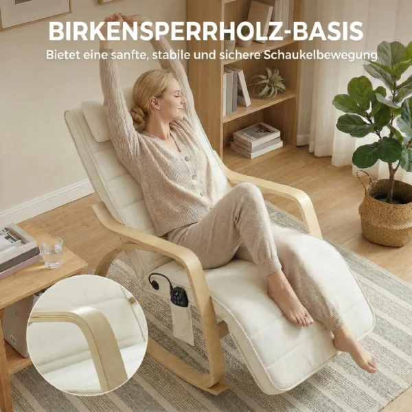 Schommelstoel Met Massage, Verwarming, Hoofdsteun & Voetensteun, Fluweelbekleding, Relaxfauteuil, Crèmewit
