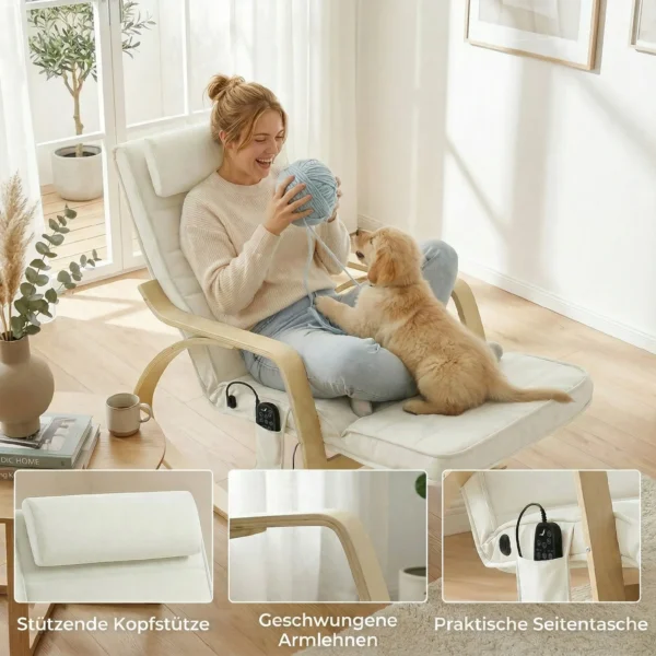 Schommelstoel Met Massage, Verwarming, Hoofdsteun & Voetensteun, Fluweelbekleding, Relaxfauteuil, Crèmewit