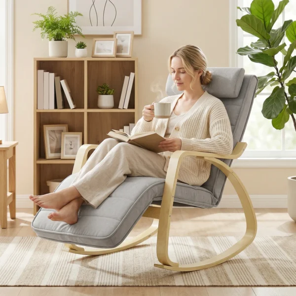 Schommelstoel Met Massage, Verwarming, Hoofdsteun & Voetensteun, Fluweelbekleding, Relaxfauteuil, Lichtgrijs