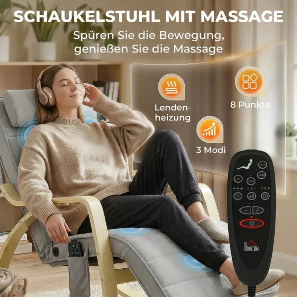 Schommelstoel Met Massage, Verwarming, Hoofdsteun & Voetensteun, Fluweelbekleding, Relaxfauteuil, Lichtgrijs