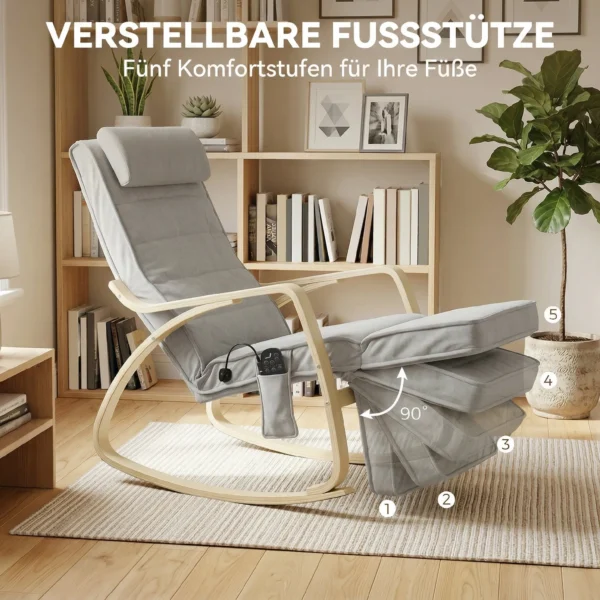 Schommelstoel Met Massage, Verwarming, Hoofdsteun & Voetensteun, Fluweelbekleding, Relaxfauteuil, Lichtgrijs