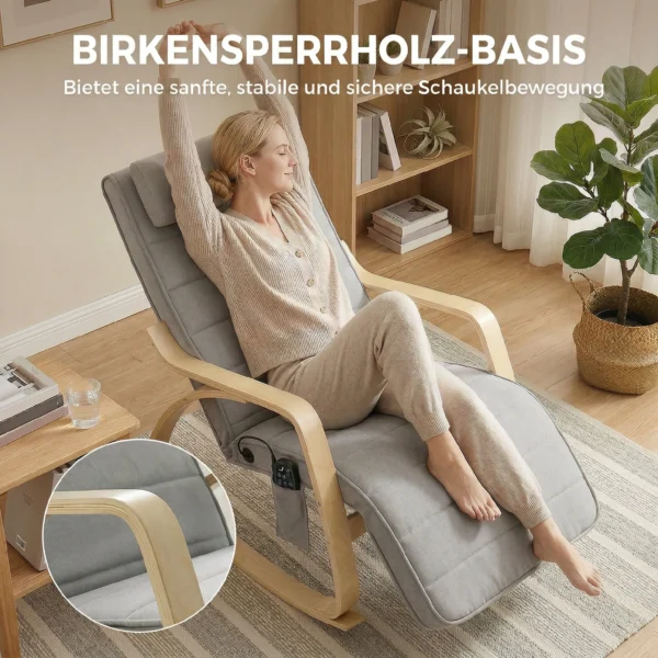 Schommelstoel Met Massage, Verwarming, Hoofdsteun & Voetensteun, Fluweelbekleding, Relaxfauteuil, Lichtgrijs