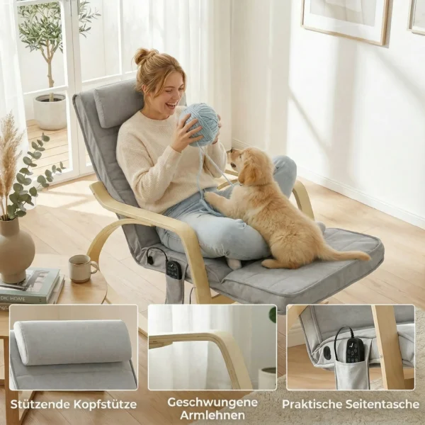 Schommelstoel Met Massage, Verwarming, Hoofdsteun & Voetensteun, Fluweelbekleding, Relaxfauteuil, Lichtgrijs