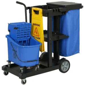 Schoonmaakkar, Rijdende Schoonmaakwagen Met 3 Planken, 70 Liter Vuilniszak, Mop Wringer Emmer, Blauw