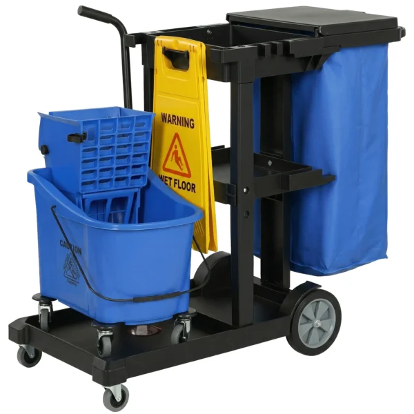 Schoonmaakkar, Rijdende Schoonmaakwagen Met 3 Planken, 70 Liter Vuilniszak, Mop Wringer Emmer, Blauw