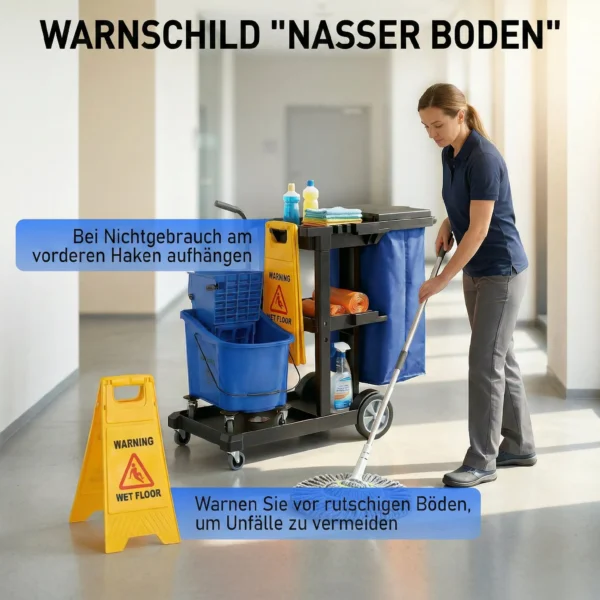 Schoonmaakkar, Rijdende Schoonmaakwagen Met 3 Planken, 70 Liter Vuilniszak, Mop Wringer Emmer, Blauw