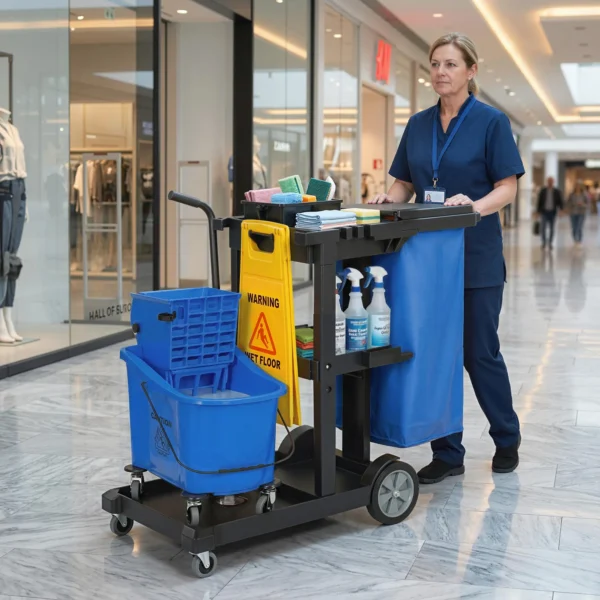 Schoonmaakkar, Rijdende Schoonmaakwagen Met 3 Planken, 70 Liter Vuilniszak, Mop Wringer Emmer, Blauw