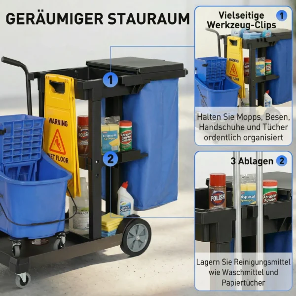 Schoonmaakkar, Rijdende Schoonmaakwagen Met 3 Planken, 70 Liter Vuilniszak, Mop Wringer Emmer, Blauw