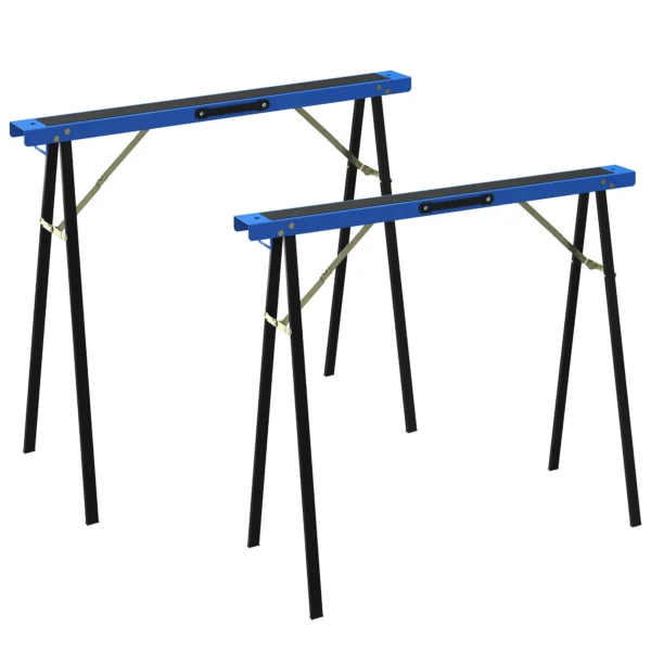 Set Van 2 Robuuste, Inklapbare Zaagbokken Van Metaal Voor Timmerwerk En Doe het zelf Projecten, Blauw En Zwart