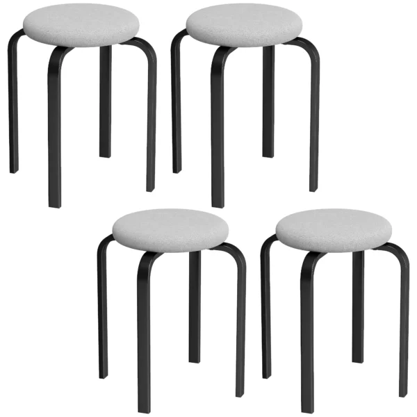 Set Van 4 Stapelbare Krukken, Moderne Gestoffeerde Ronde Krukken Zonder Rugleuning Voor Keuken, Eetkamer, Grijs