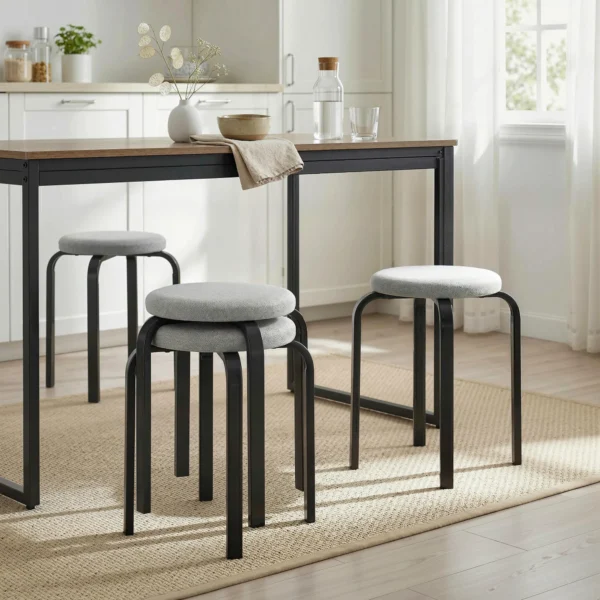 Set Van 4 Stapelbare Krukken, Moderne Gestoffeerde Ronde Krukken Zonder Rugleuning Voor Keuken, Eetkamer, Grijs