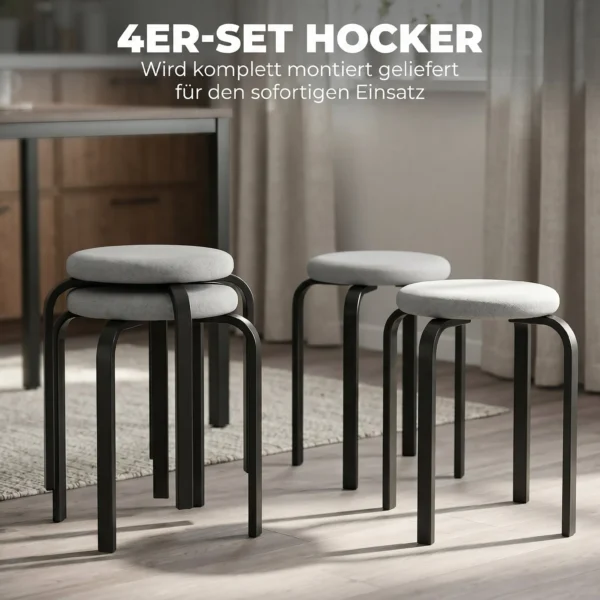 Set Van 4 Stapelbare Krukken, Moderne Gestoffeerde Ronde Krukken Zonder Rugleuning Voor Keuken, Eetkamer, Grijs