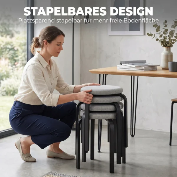 Set Van 4 Stapelbare Krukken, Moderne Gestoffeerde Ronde Krukken Zonder Rugleuning Voor Keuken, Eetkamer, Grijs
