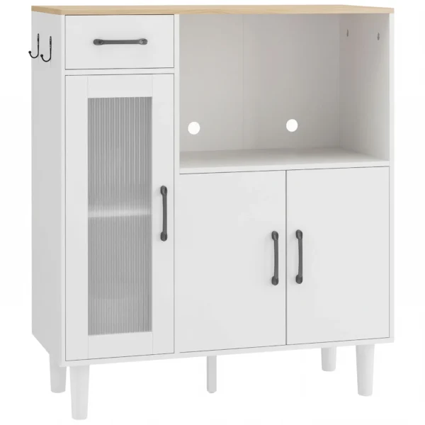 Sideboard Keukenkast Met Lade, 2 Kasten, Open Vak, Geribbelde Acrylglasdeur 80 X 34 X 91 Cm Wit+Eik
