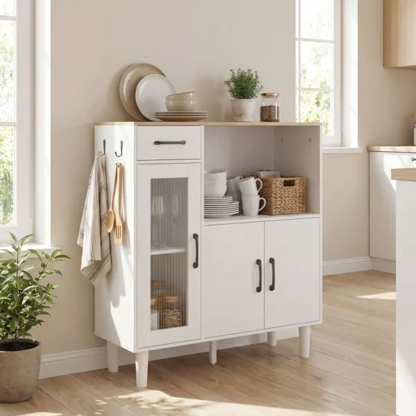 Sideboard Keukenkast Met Lade, 2 Kasten, Open Vak, Geribbelde Acrylglasdeur 80 X 34 X 91 Cm Wit+Eik