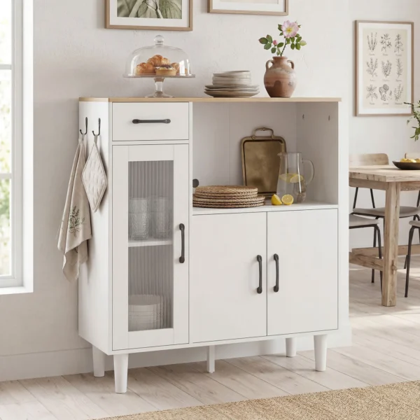 Sideboard Keukenkast Met Lade, 2 Kasten, Open Vak, Geribbelde Acrylglasdeur 80 X 34 X 91 Cm Wit+Eik